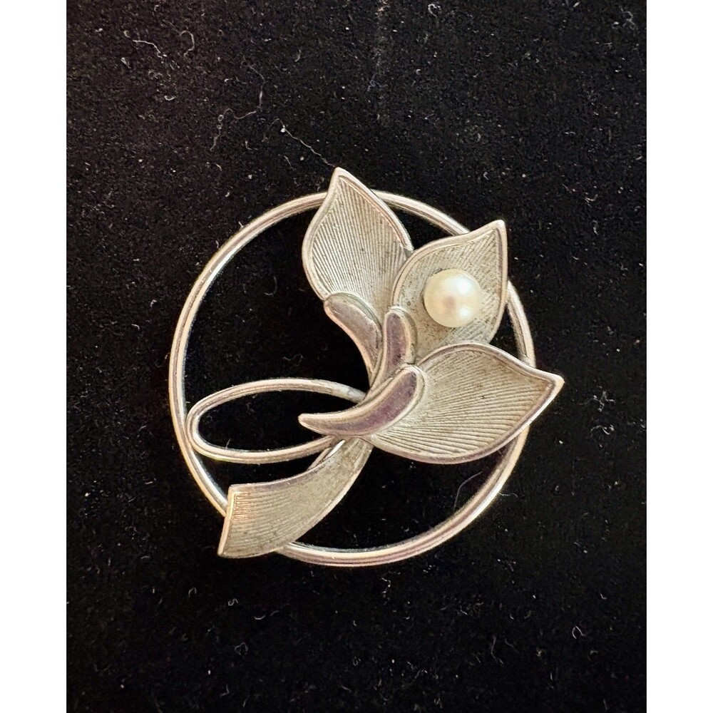 Vintage Curtis Creations Sterling Silver Flower Brooch Faux Pearl 1.75”